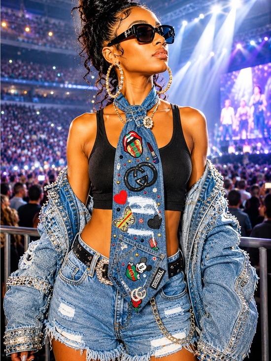 Junk Accessories - Upcycled XXL JUNK Embellished Blue Denim Jeans Necktie with Patchwork Accents